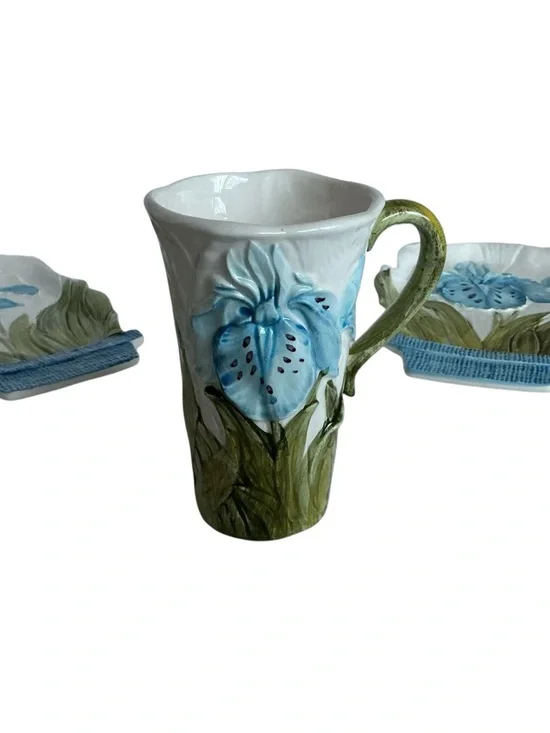 Lenwile Ardalt Flowerpot Majolica Artware Porcelain Flower Tea Set Blue Iris - Picture 9 of 14